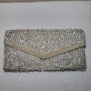 Richere Vintage Beaded Sequin Envelope Clutch Bag Silver Cream Made in Hong Kong